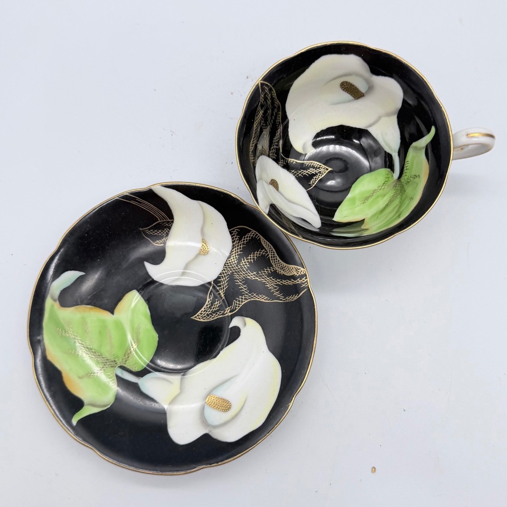 Wako China Calla Lily Tea Cup Saucer Set Black Gold Gilt Occupied Japan Vintage - Picture 2 of 3